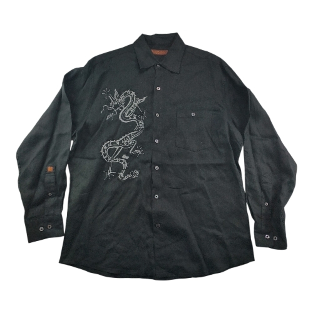 Tori Richard L Black Linen Dragon Embroidery Shirt Mens Luxury